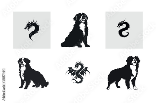 Bernese mountain dog and dragon silhouettes logo set