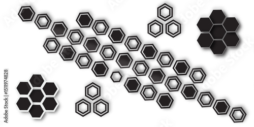 An abstract geometric pattern composed of black and white hexagons arranged in clusters and linear formations, creating a mosaic-like design with a subtle sense of depth.Some hexagons are solid black,