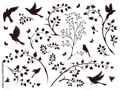 Seamless black vector floral pattern with butterflies, birds, and leaves, a nature-inspired design illustration