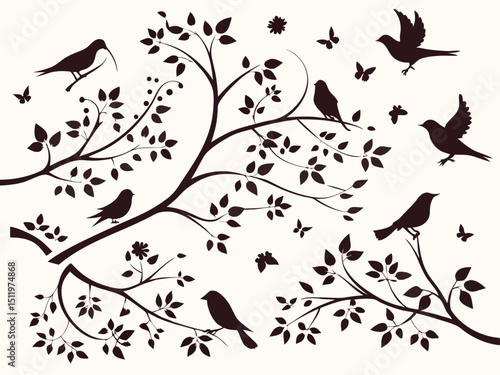 Seamless vector pattern with flying bird silhouettes and floral elements, a wild nature illustration set