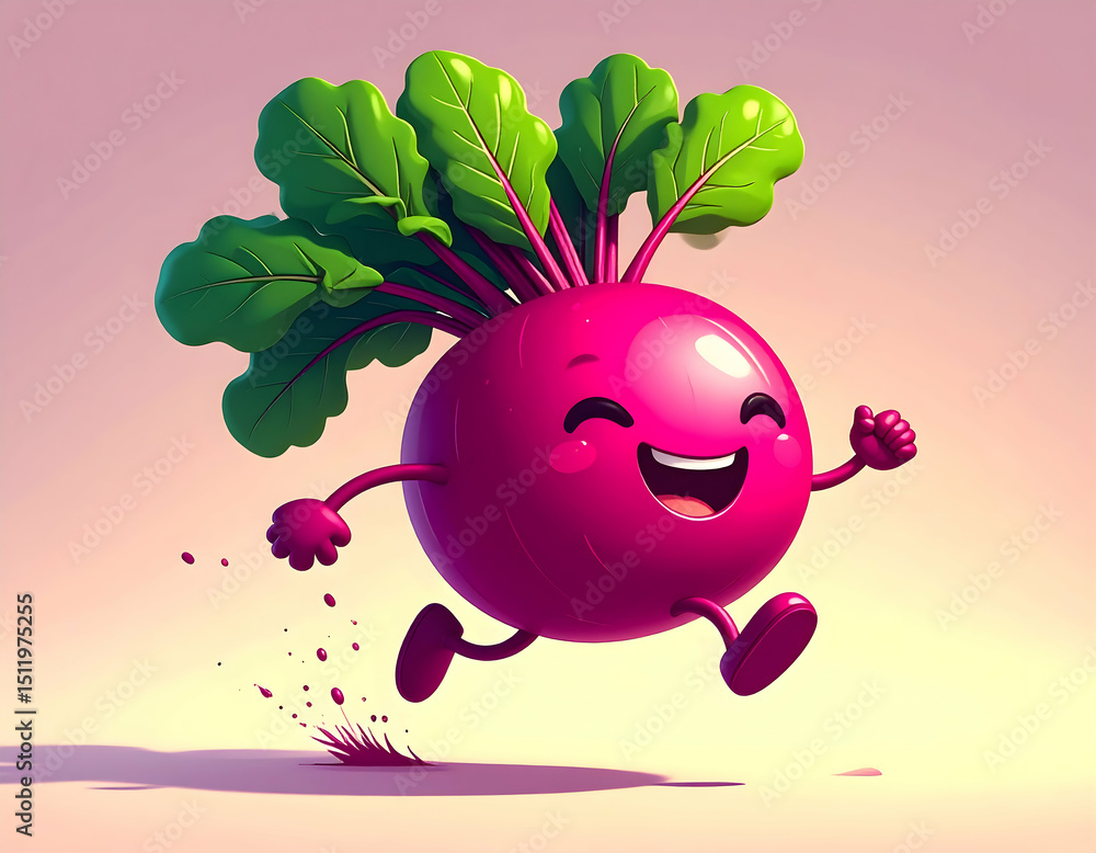 Obraz premium Happy Beetroot Cartoon: A cheerful beetroot cartoon character bounds across a vibrant backdrop, embodying the spirit of wellness and vitality, it is a fun, fresh.