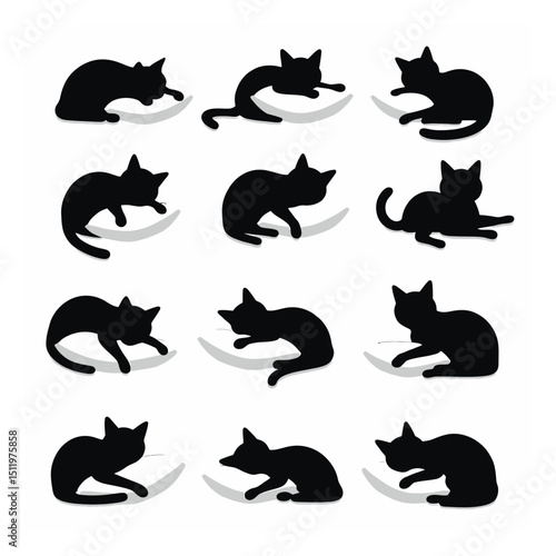 Twelve adorable cat silhouettes sleeping on pillows set
