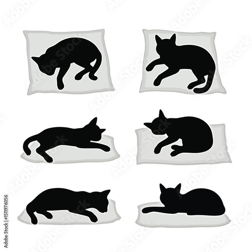 Six adorable cat silhouettes sleeping on pillows set