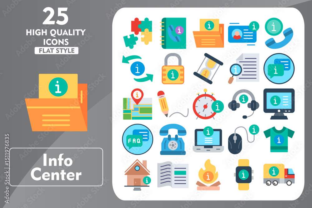 Info Center Flat Icon Set. Incleded Icons Puzzle, Phone Book, Folder, User, Phone, Refresh, Lock, Info Hourglass, Search, Chat. Vector Icons Collection Info Center Flat Icon Set. Incleded Icons Puzzle, Phone Book, Folder, User, Phone, Refresh, Lock, Info Hourglass, Search, Chat. Vector Icons Collection