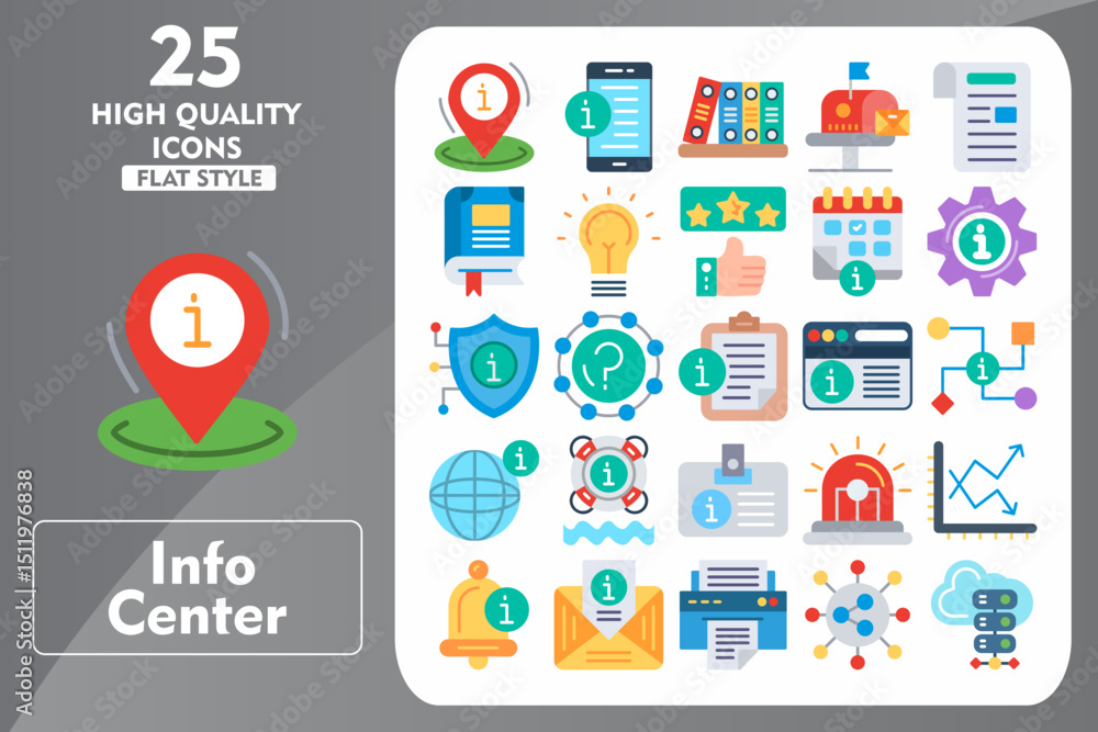 Info Center Flat Icon Set. Incleded Icons Info Center Location, Question Mark, Siren, Graph, Notification Bell, Mail, Printer, Share. Vector Icons Collection Info Center Flat Icon Set. Incleded Icons Info Center Location, Question Mark, Siren, Graph, Notification Bell, Mail, Printer, Share. Vector Icons Collection