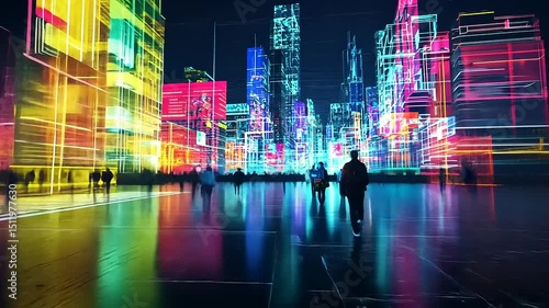 Wallpaper Mural Vibrant urban landscape with silhouetted figures walking through a colorful, illuminated cityscape at night Torontodigital.ca