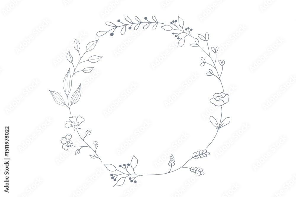 Obraz premium シンプルなリーフの線画フレームイラスト ネイビー