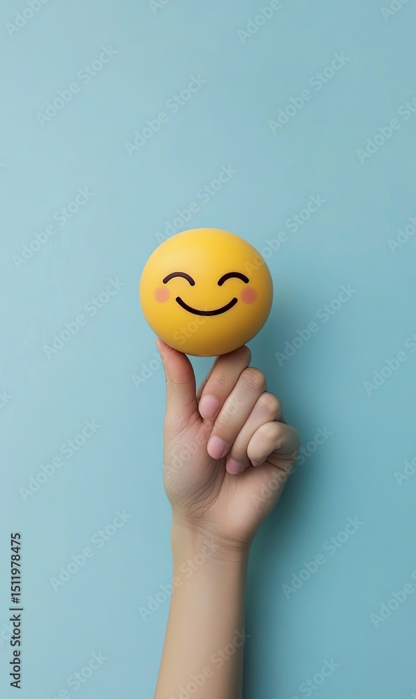 Hand Holding Yellow Smiley Face Ball Against a Light Blue Background for a Positive Concept Hand Holding Yellow Smiley Face Ball Against a Light Blue Background for a Positive Concept