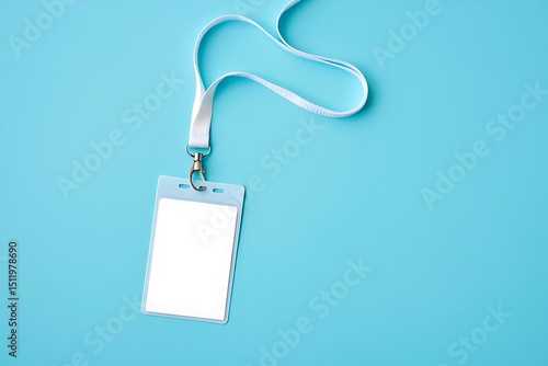 A blank id badge with a white lanyard on a light blue background with copy space for text or design