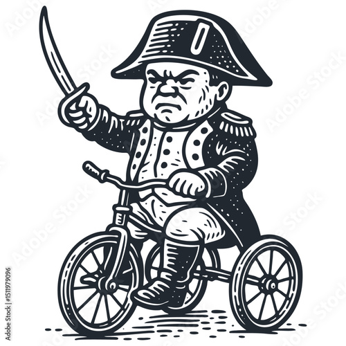 Vintage engraving style vector illustration of a stern Napoleon-like character in a bicorne hat and uniform, riding a child's tricycle and brandishing a saber. Humorous.