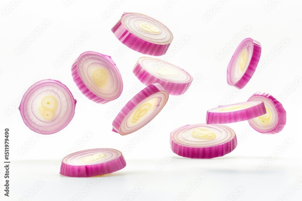 Obraz premium Floating red onion slices isolated