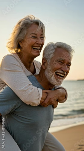 Wallpaper Mural Vertical video of a joyful senior couple piggybacking on beach at sunset laughing. Ideal for active retirement, lifestyle & travel content for social media. Torontodigital.ca