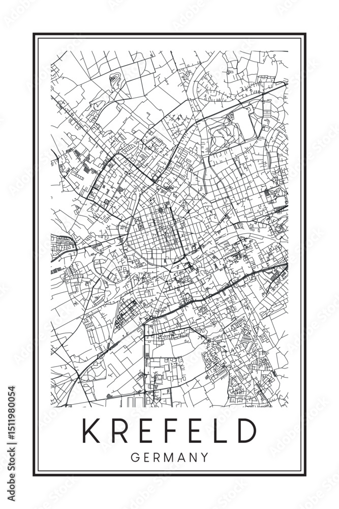 Obraz premium Hand drawn printable downtown road map poster of the German city of KREFELD on solid white background with city name