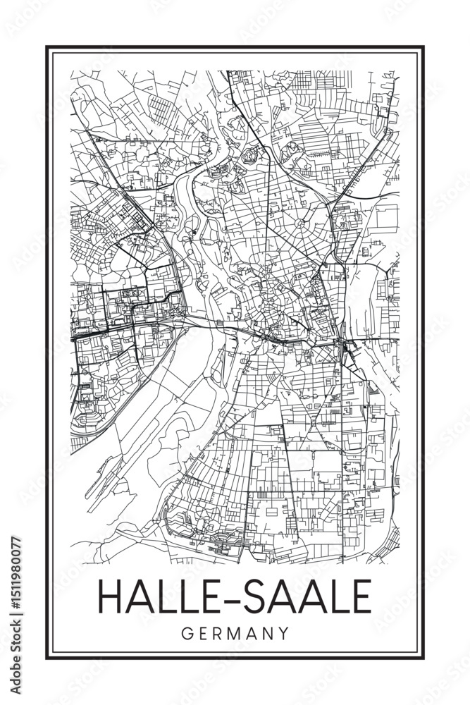 Obraz premium Hand drawn printable downtown road map poster of the German city of HALLE-SAALE on solid white background with city name