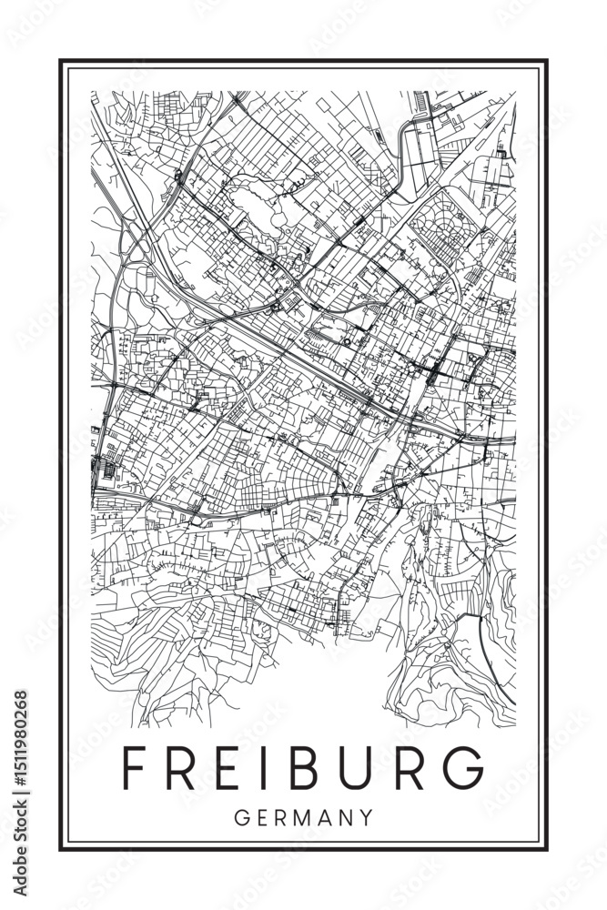 Hand drawn printable downtown road map poster of the German city of FREIBURG on solid white background with city name Hand drawn printable downtown road map poster of the German city of FREIBURG on solid white background with city name