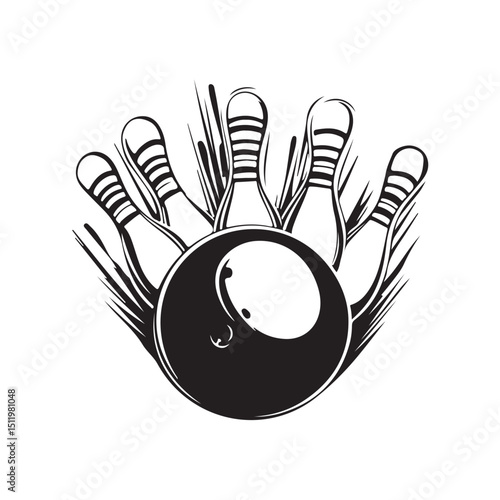 Vector sketch illustration of bowling pins being knocked down by a bowling ball, capturing the dynamic motion and impact of the game isolated on white background.