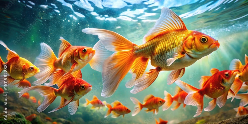 Fototapeta premium Colorful Goldfish Swimming Gracefully in a Tranquil Aquatic Scene