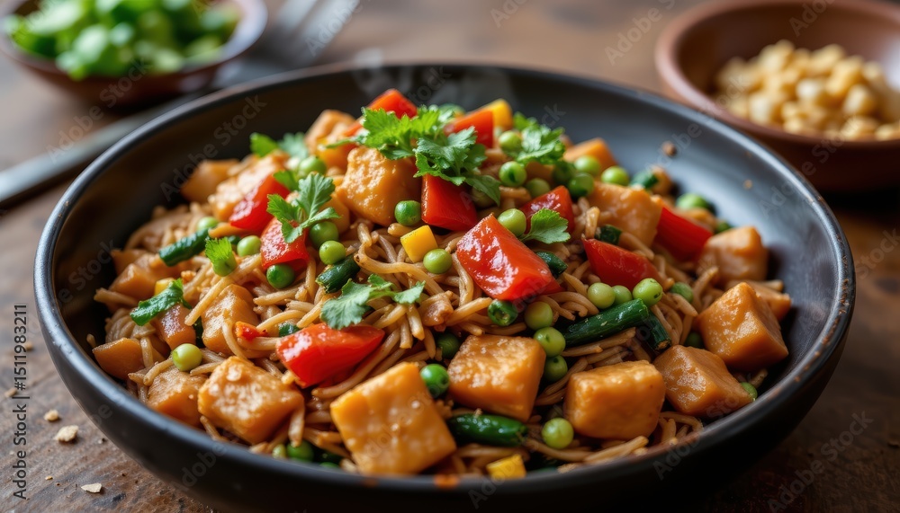 Colorful Asian Noodle Dish with Vegetables and Tofu Served in a Dark Bowl on Wooden Table Colorful Asian Noodle Dish with Vegetables and Tofu Served in a Dark Bowl on Wooden Table