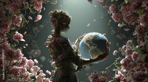 Gaia goddess awakening mother earth in spiritual bloom enchanted floral scene ethereal perspective