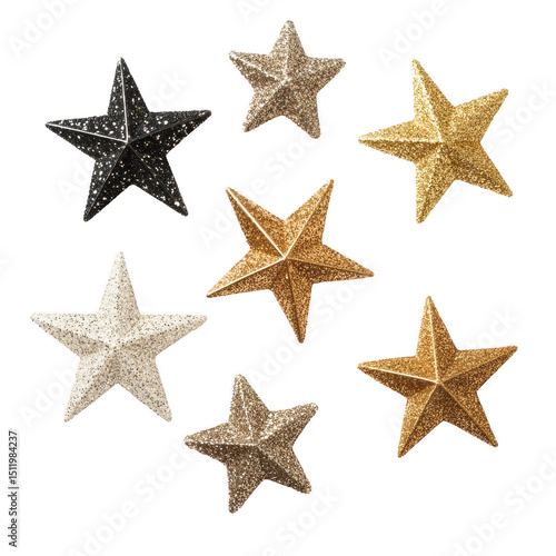 Seven glittering stars in gold, silver, black and white hues arranged on a black background. Festive and decorative.