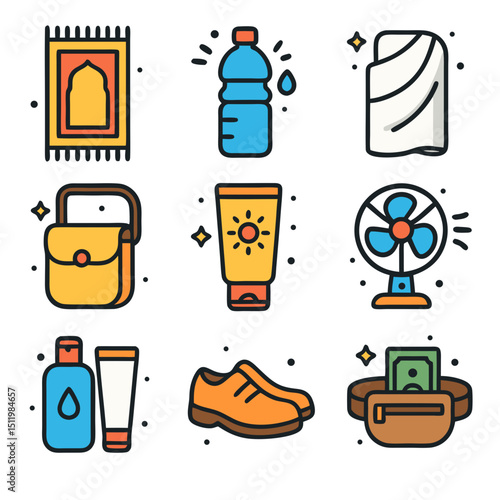 Hajj equipment icon with essential items for performing hajj in Mecca. Suitable for Islamic travel, religious design themes, and cultural presentations.