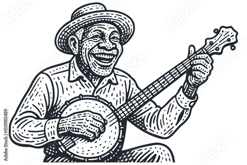 Vintage engraving style vector illustration of an elderly African American man joyfully playing the banjo and singing. He wears a hat and smiles warmly. Blues/folk music theme.