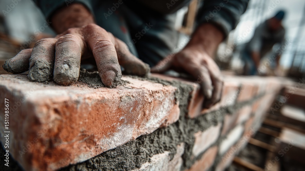 Bricklayer meticulously placing bricks with precision for wall construction Bricklayer meticulously placing bricks with precision for wall construction