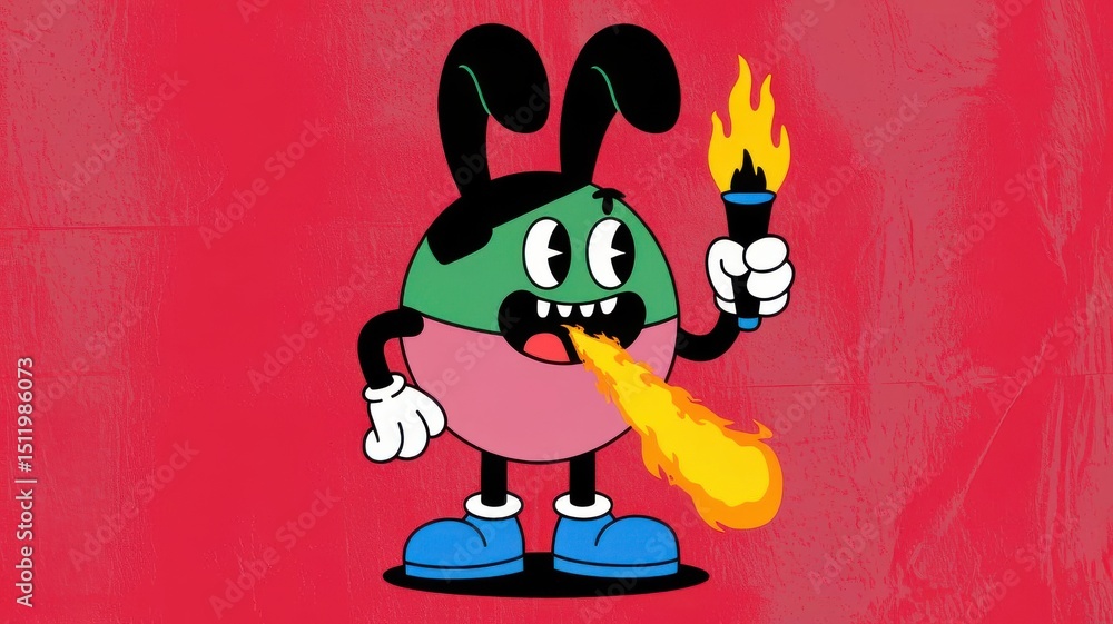 Naklejka premium Retro Cartoon Fire-Breathing Rabbit with Torch on Vibrant Red Background
