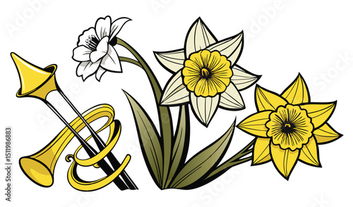 Spring flowers and trumpet design element