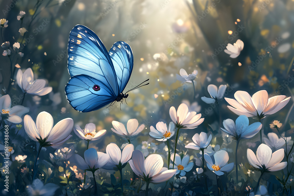 Beautiful spring background with blue butterfly in flight and flowers anemones in forest in nature