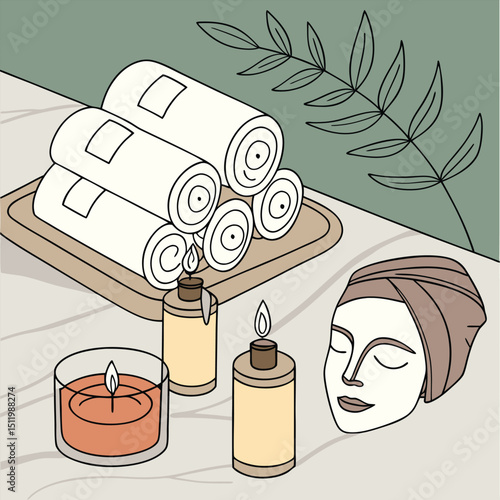 Spa day scene with candles, towels, and skincare