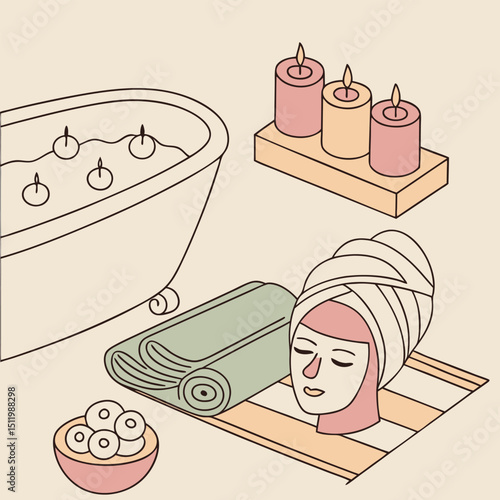 Spa day scene with candles, towels, and skincare