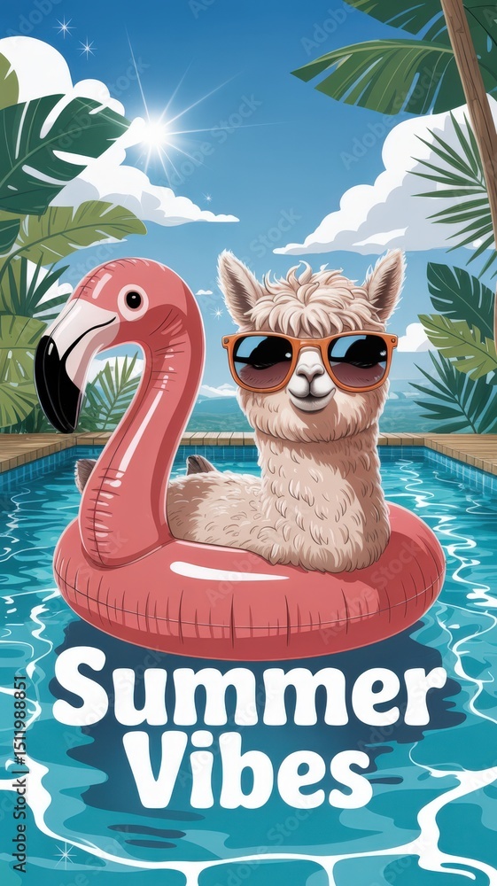 Fototapeta premium Summer vibes llama in sunglasses on flamingo float in pool