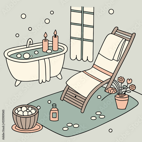 Spa day scene with candles, towels, and skincare