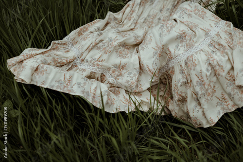 The hem of the cottage core dress lies on the grass. High quality photo