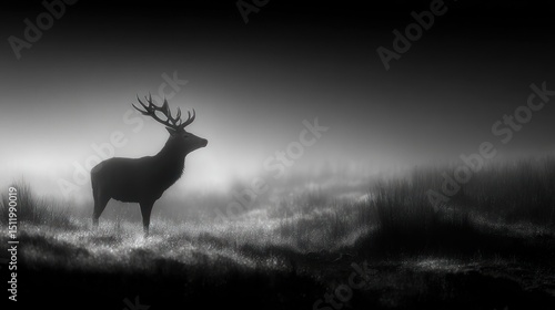 Monochrome majestic stag standing in foggy field, creating a mystical ambiance