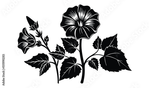 Black and white silhouette of morning glory flowers