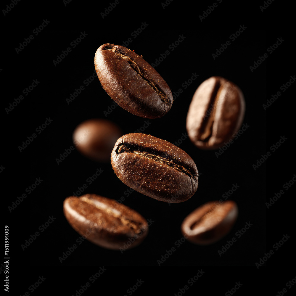 Coffee beans floating in a dark background Coffee beans floating in a dark background