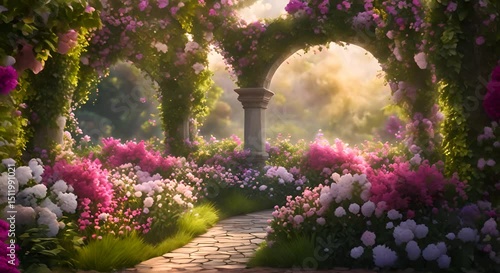 A beautiful secret fairytale garden with flower arches and colorful greenery