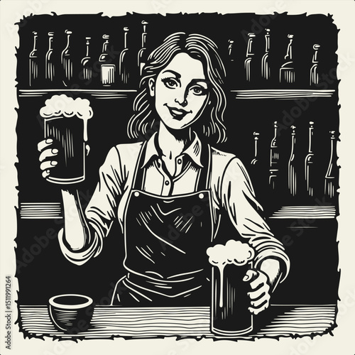 Black and white vector illustration of a female bartender serving two beer mugs at the bar counter. Perfect for Oktoberfest and International Beer Day themed designs. Clean flat silhouette style.