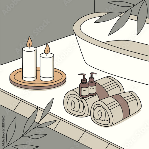 Spa day scene with candles, towels, and skincare