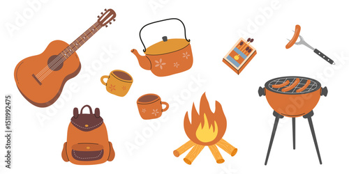 Campfire gathering with music, cooking, and outdoor activities in a scenic setting. Flat style vector illustration.