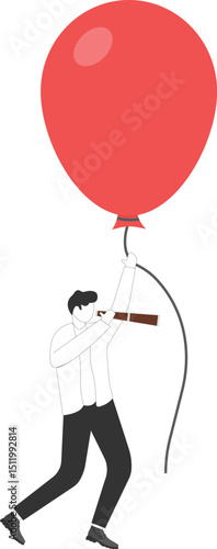 Businessmen with balloons use telescope