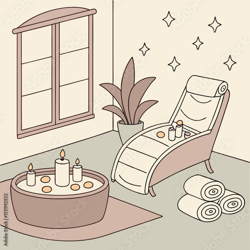 Spa day scene with candles, towels, and skincare