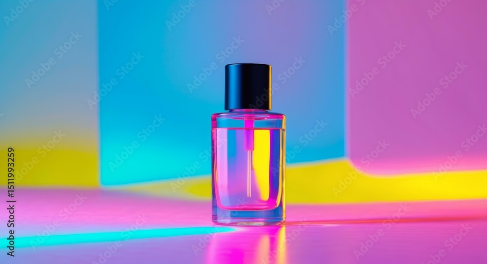 Perfume Bottle on Abstract Neon Background. A Modern Aesthetic, Beauty and Style. Perfume Bottle on Abstract Neon Background. A Modern Aesthetic, Beauty and Style.
