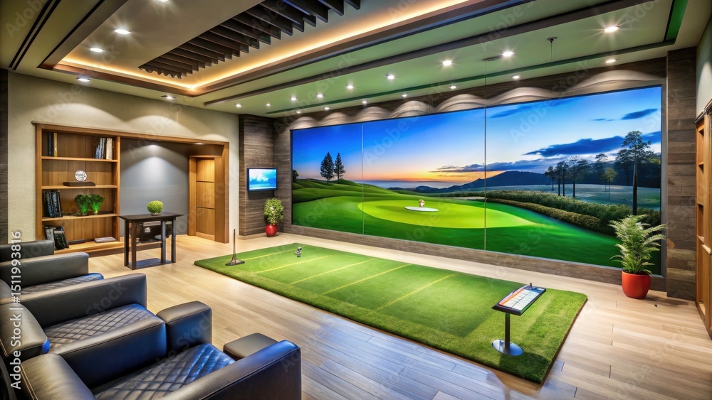 Modern Indoor Golf Simulator Setup for Year-Round Practice with Lifelike Simulation Screen and Putting Green Modern Indoor Golf Simulator Setup for Year-Round Practice with Lifelike Simulation Screen and Putting Green