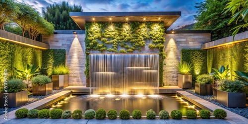 Modern Garden Waterfall Wall Fountain with Lights - Double Exposure Photography, Serene Outdoor Living Space, Contemporary Landscape Design, Relaxing Water Feature