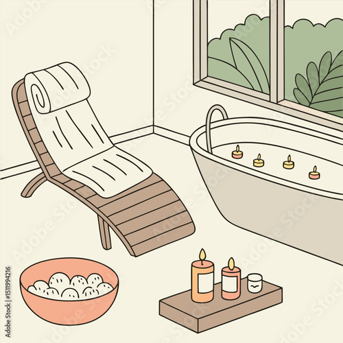 Spa day scene with candles, towels, and skincare