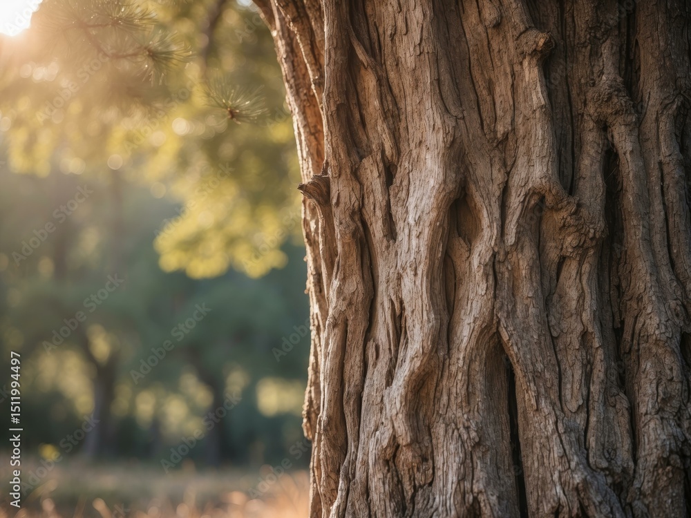 Fototapeta premium Textured Tree Trunk CloseUp in a Forest, Capturing Natures Beauty and Golden Light.