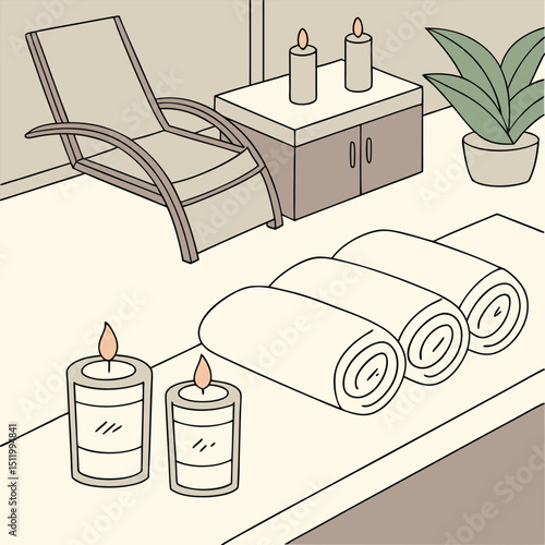 Spa day scene with candles, towels, and skincare